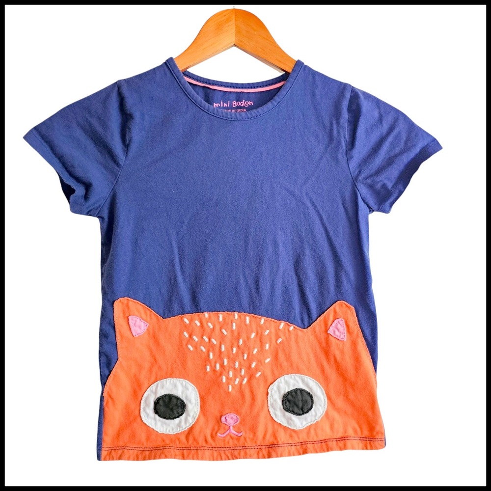 Mini Boden Applique Cat T-Shirt Short Sleeve Graphic Tee Blue‎ Orange 9 10 Years